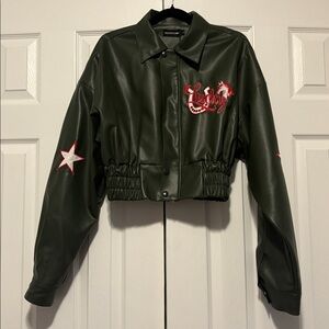 Army Green Faux Leather Bomber Jacket
